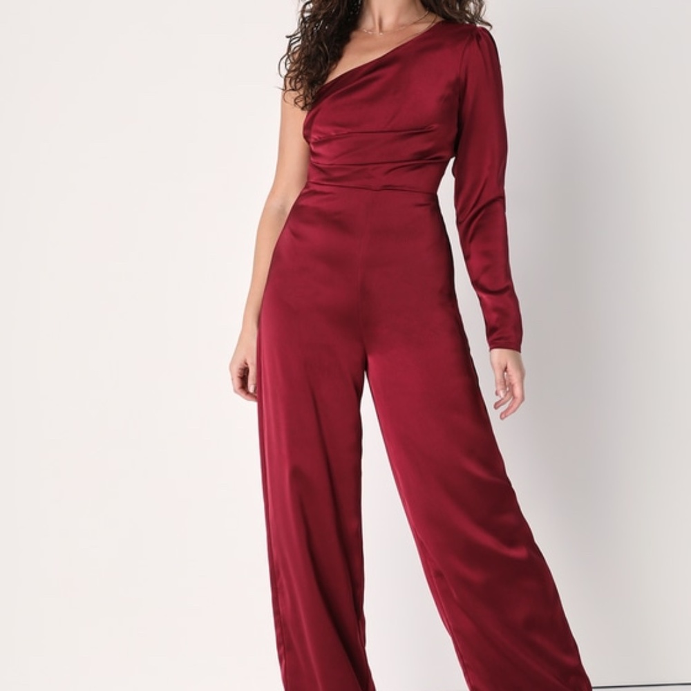 Lulus Passionate About Perfection Wine Red Satin One-shoulder Jumpsuit - Size M